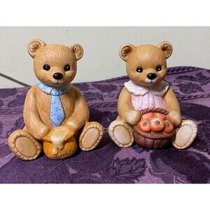 Set of 2 Homco Bears Mama with Apples Papa with a Honey Pot 4" Tall Vintage 80s
